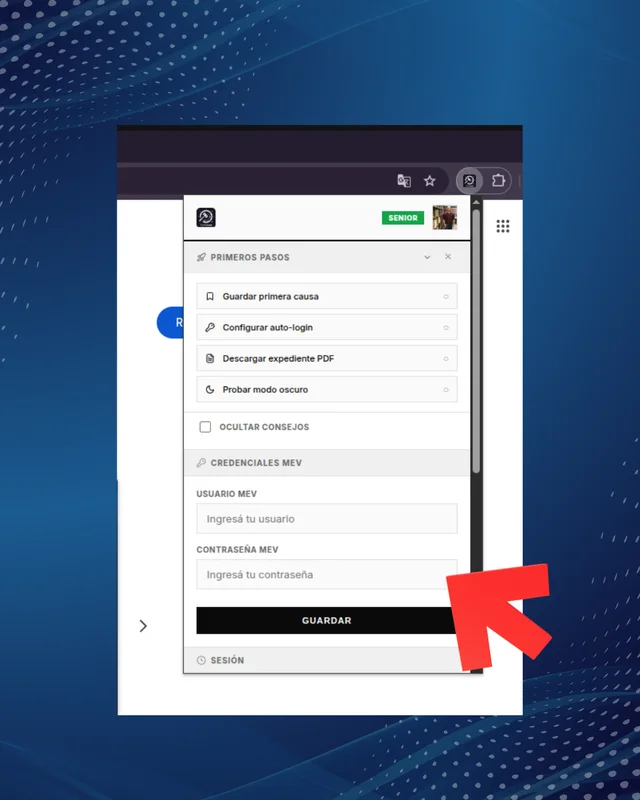 Formulario para cargar credenciales de MEV